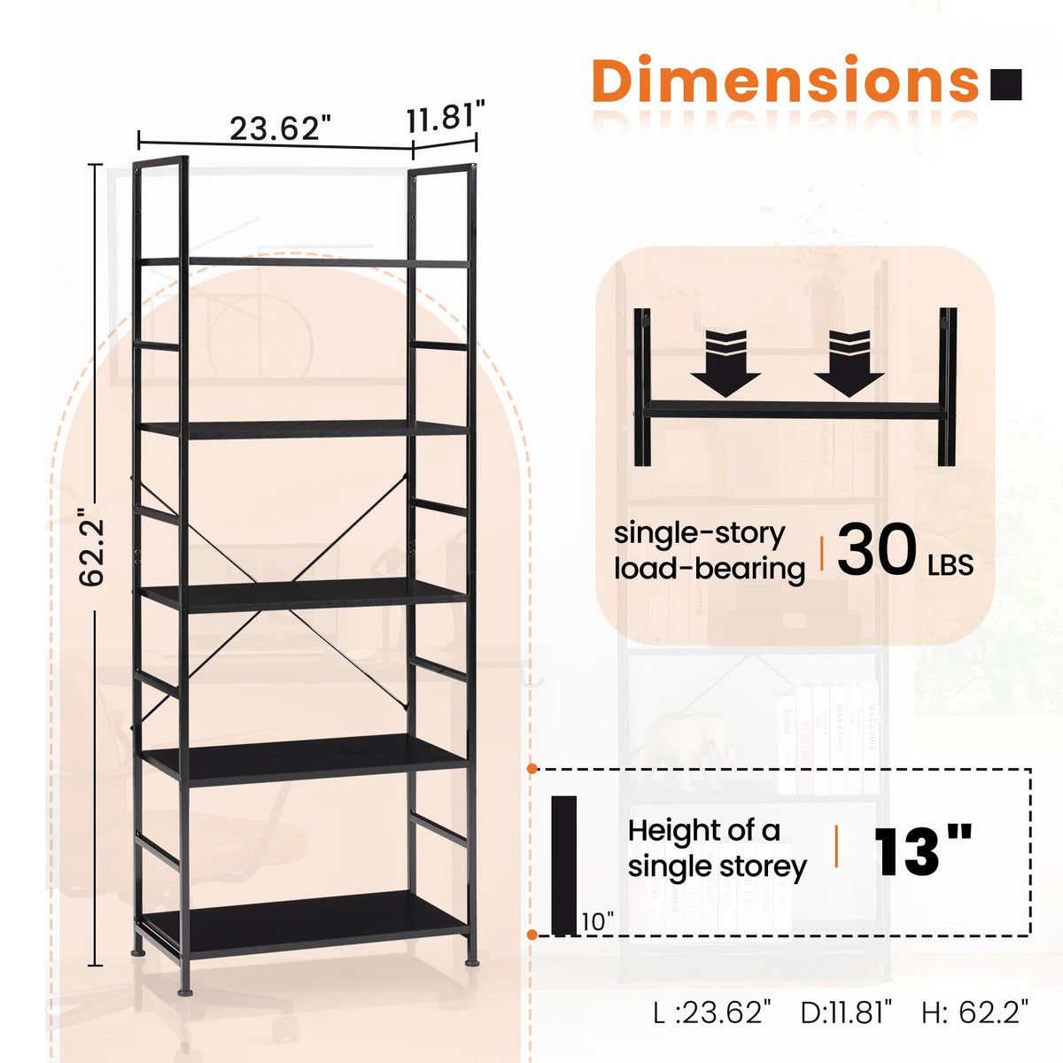JHK Modern Five Tier Metal Bookshelf Corner Storage Organizer