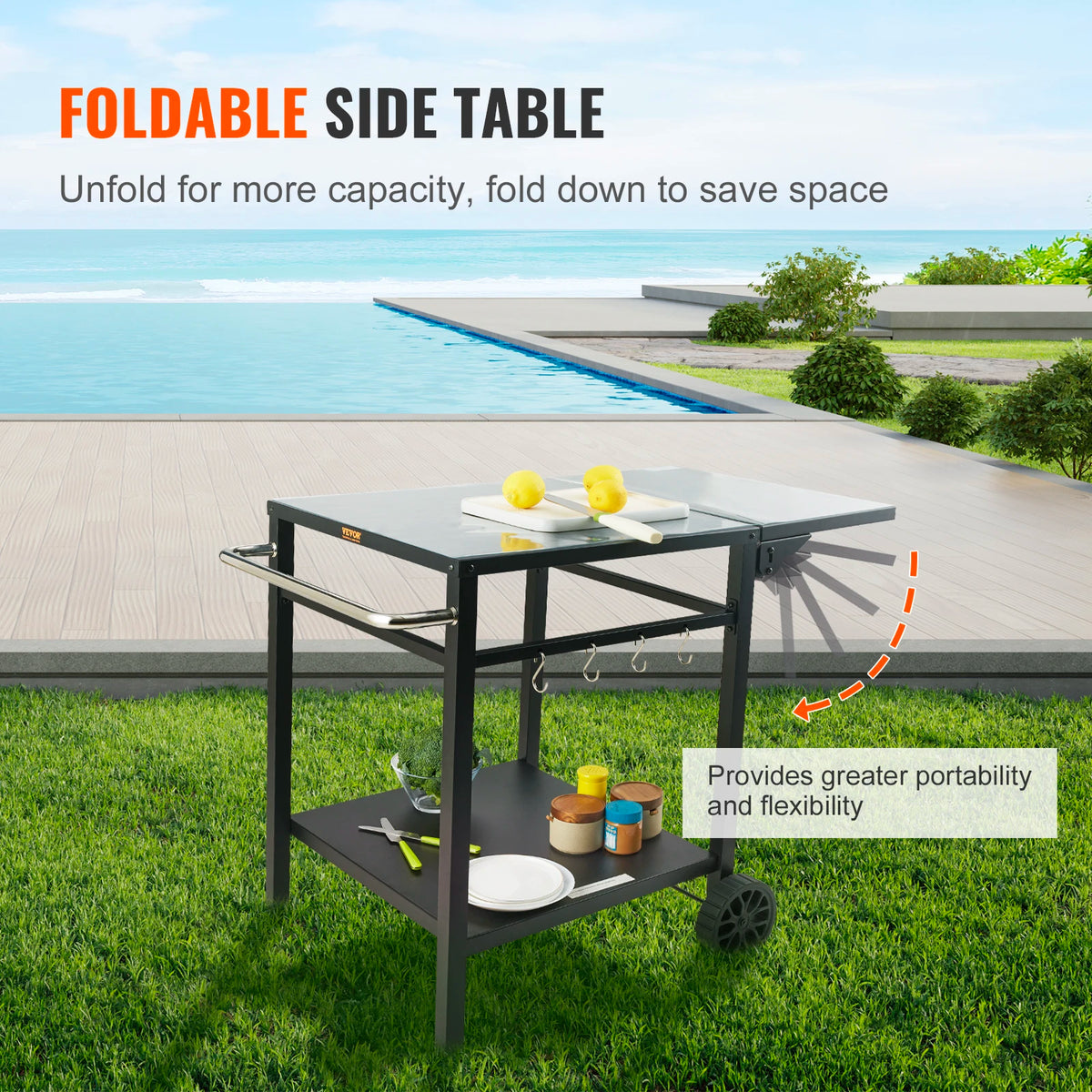 Stainless Steel Foldable Dining Cart Table With Double Shelves