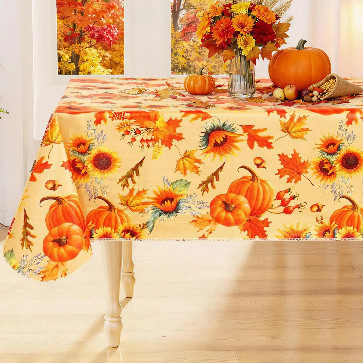 Waterproof PVC Fitted Tablecloth With Floral Pumpkin Christmas Pattern