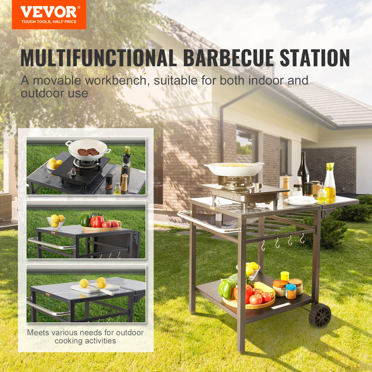 Stainless Steel Foldable Dining Cart Table With Double Shelves