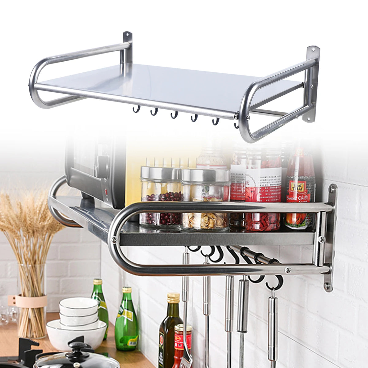 Stainless Steel Wall Mounted Microwave Oven Rack Kitchen Shelf