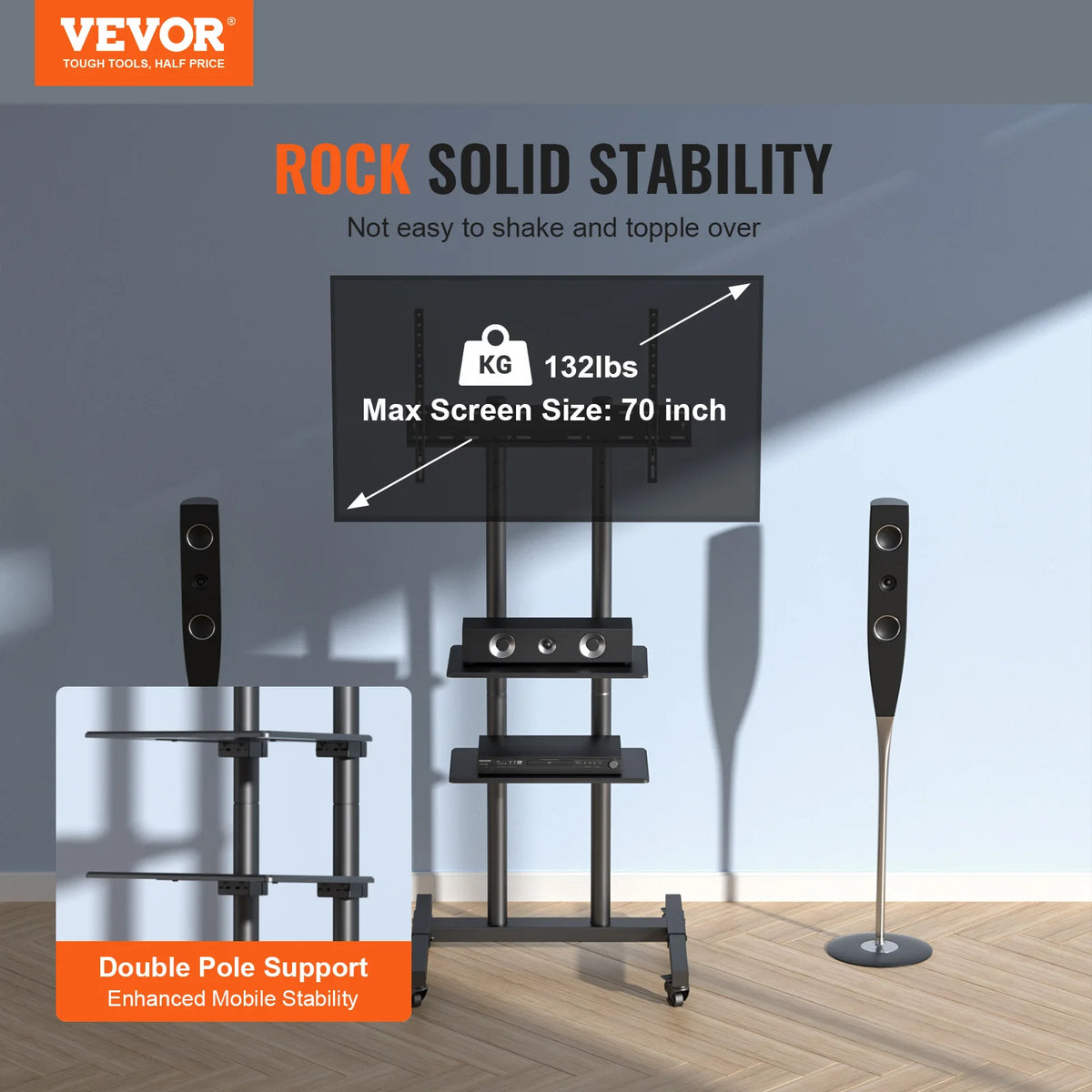 SucceBuy Height Adjustable Rolling TV Stand With Double Storage Tray
