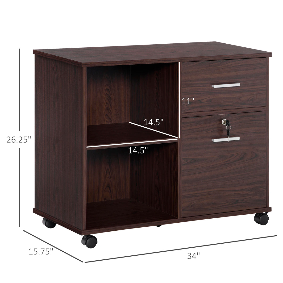 Mobile Lateral File Cabinet With Open Shelves And Utility Drawers