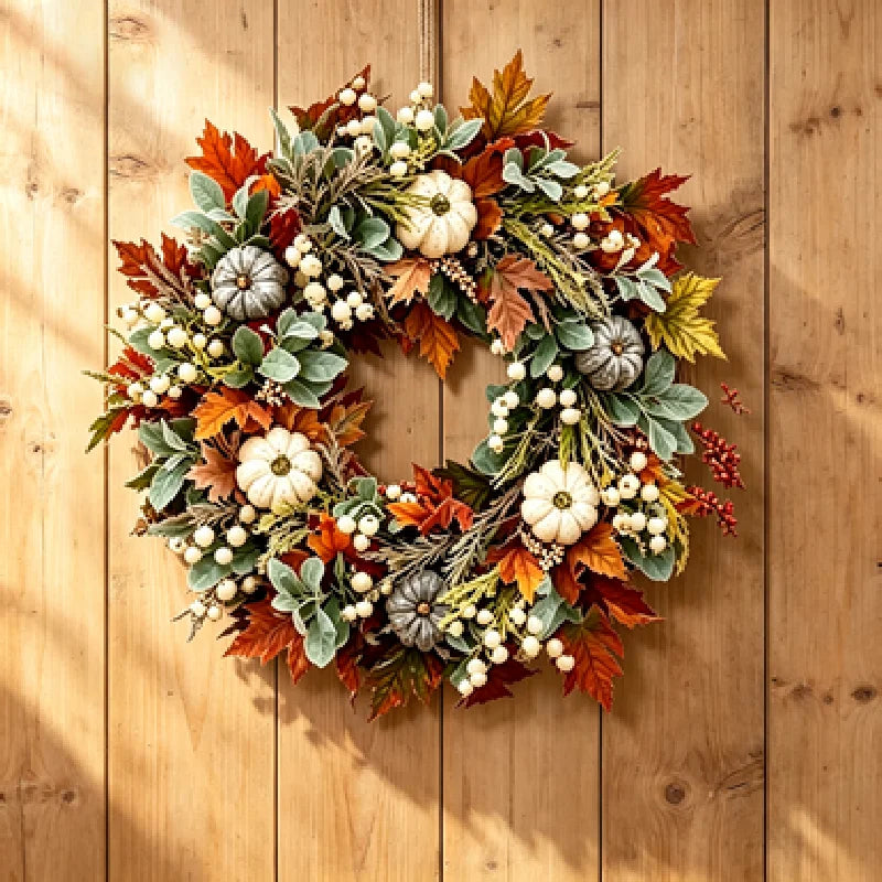 Thanksgiving Autumn Wreath With Pumpkins Pinecones Berries And Maple Leaves