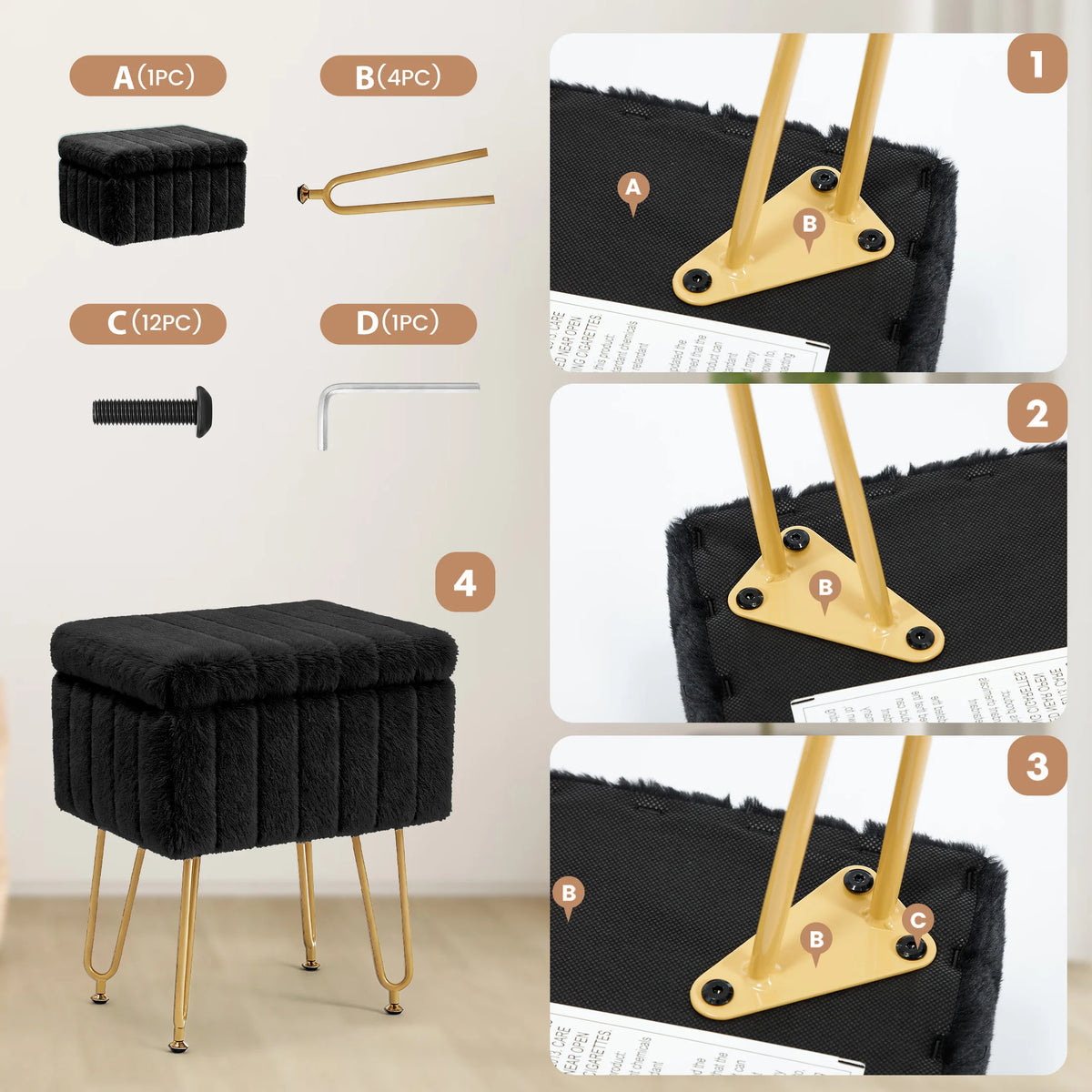 MCQ Faux Fur Ottoman Footrest Stool With Metal Legs