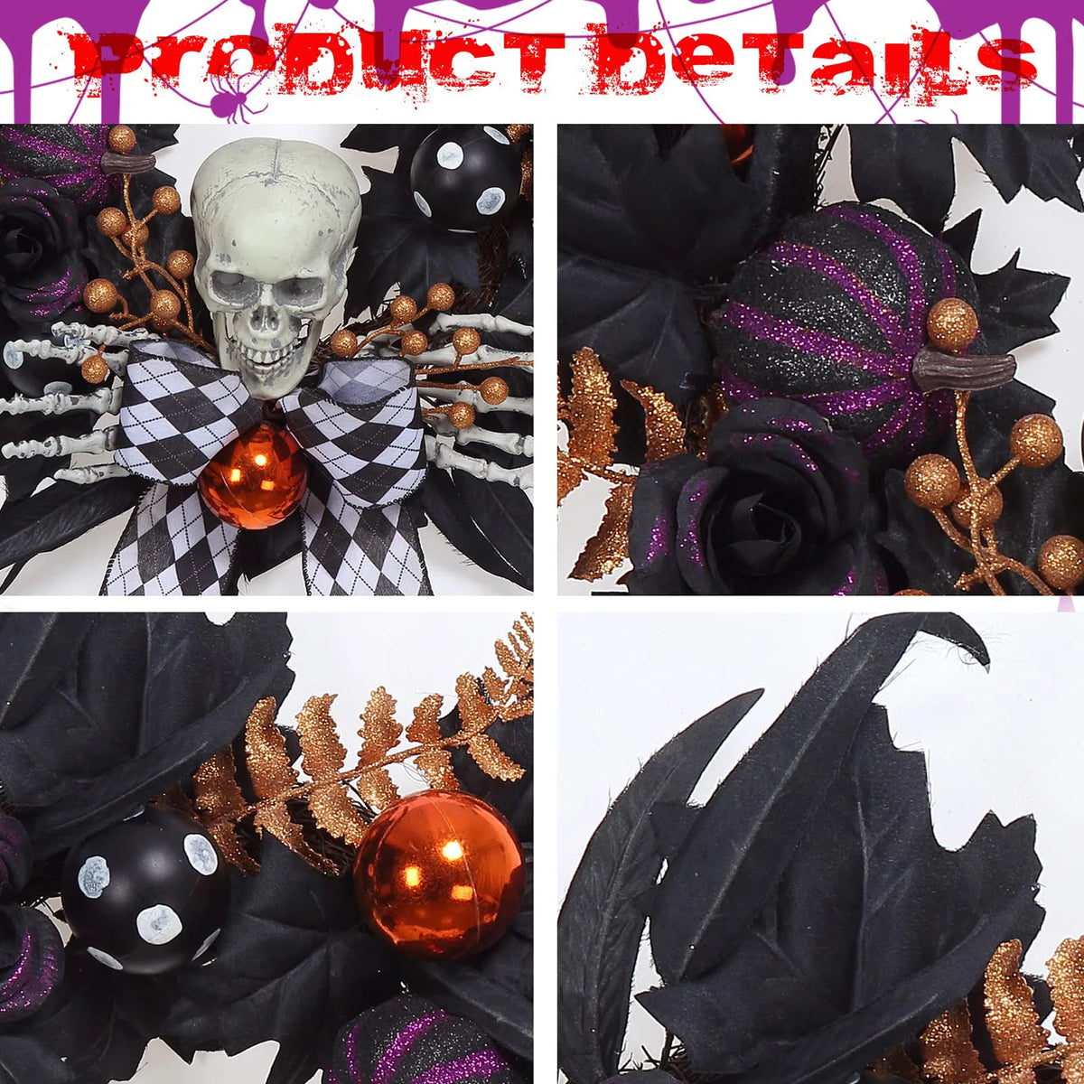 HiMISS Gothic Skeleton Halloween Wreath With Skull Hands And Pumpkins
