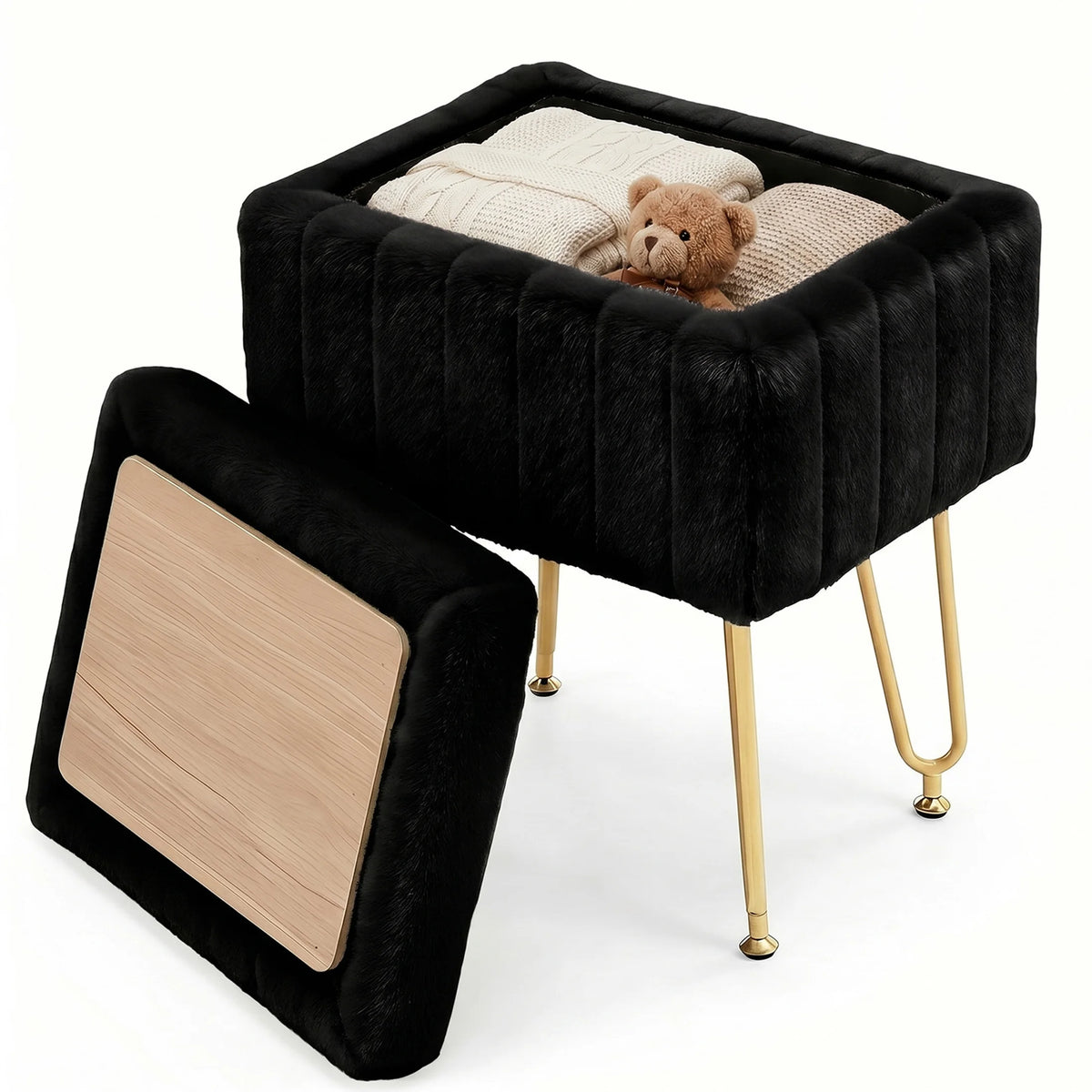 MCQ Faux Fur Ottoman Footrest Stool With Metal Legs