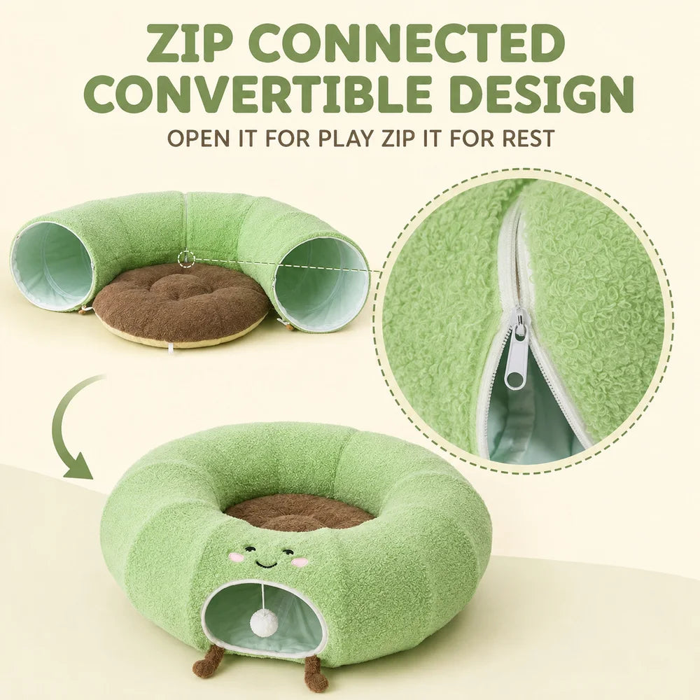 Convertible Cat Tunnel Bed With Plush Cushion And Hanging Ball