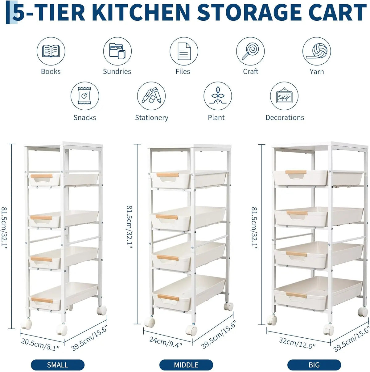 HiMiss 5 Tier Rolling Storage Cart With Wooden Top Rack