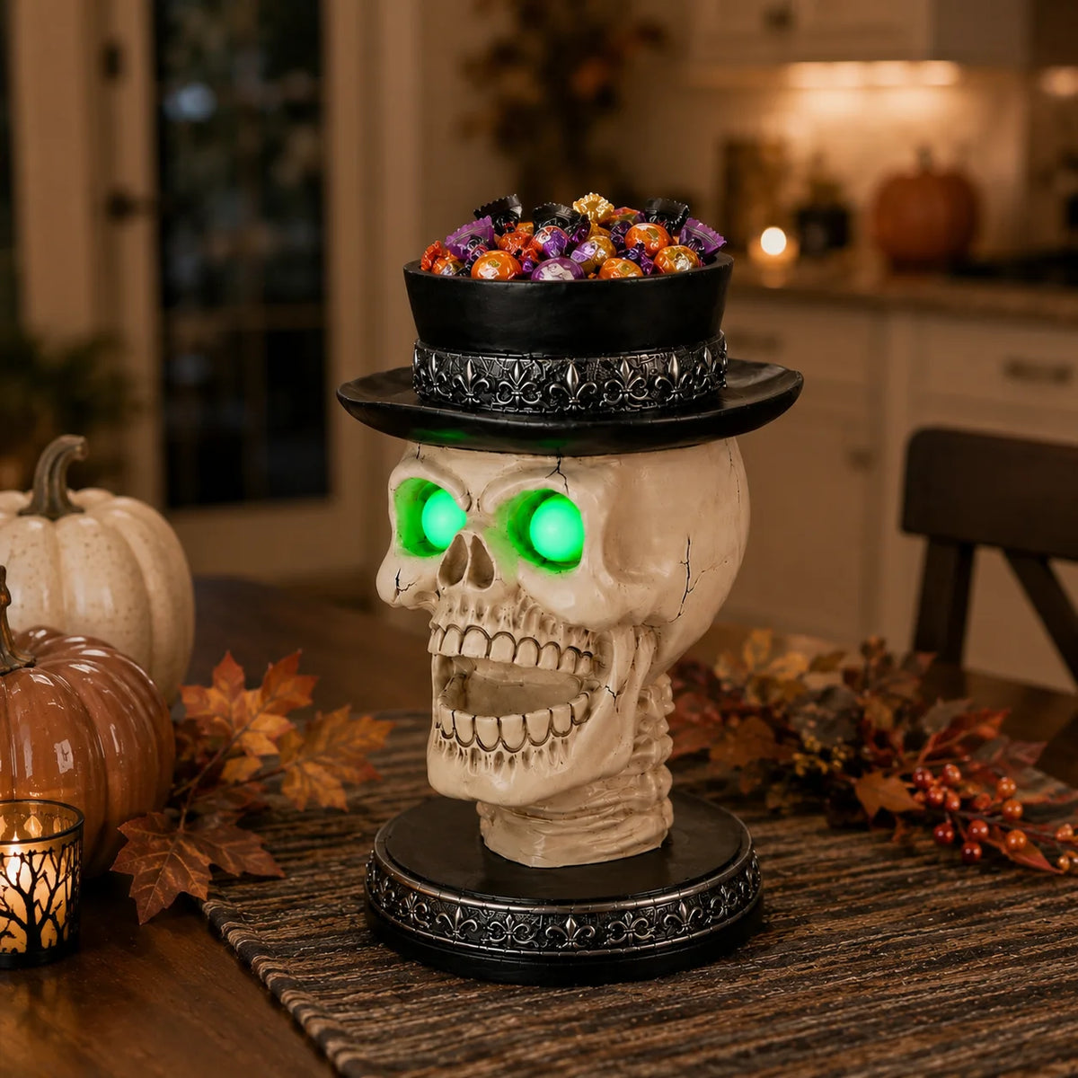 Halloween Gothic Skull Candle Holder LED Glowing Eyes Tabletop Decor