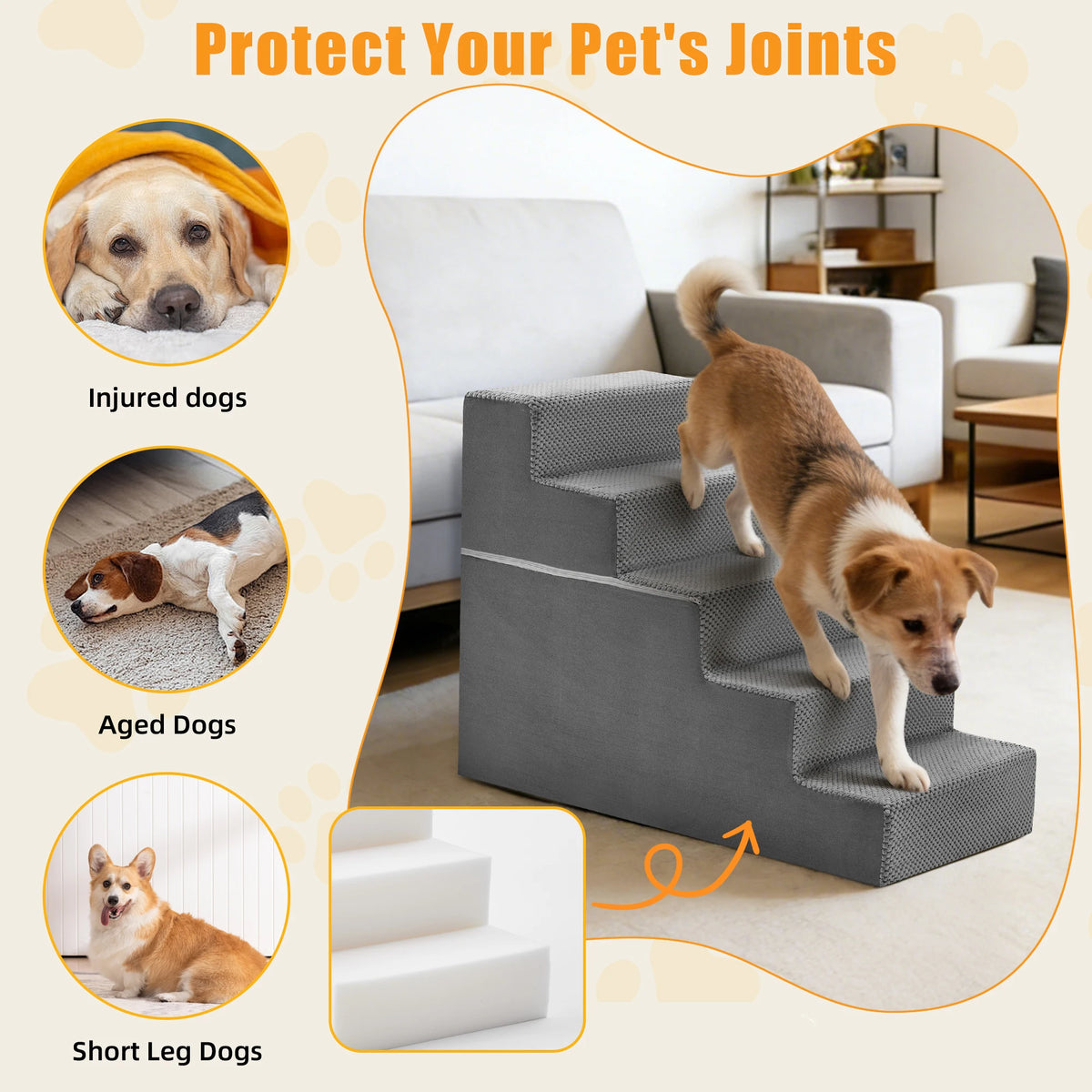 Curved Foam Dog Stair Ramp With Non Slip Pet Steps