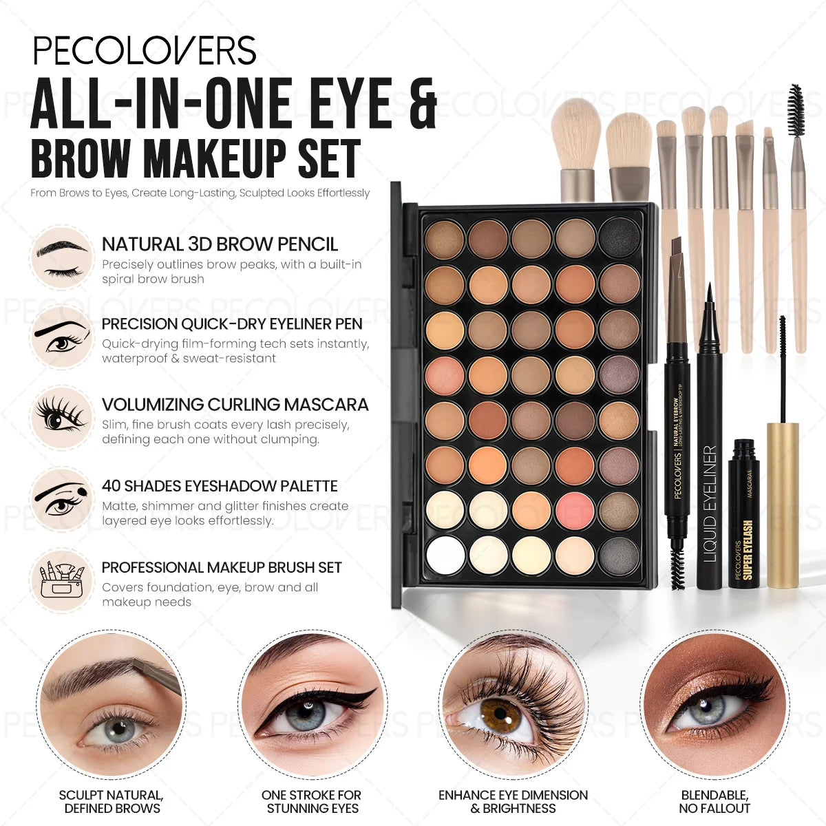 Waterproof Eye Makeup Set Eyeshadow Palette Eyeliner Mascara Brushes