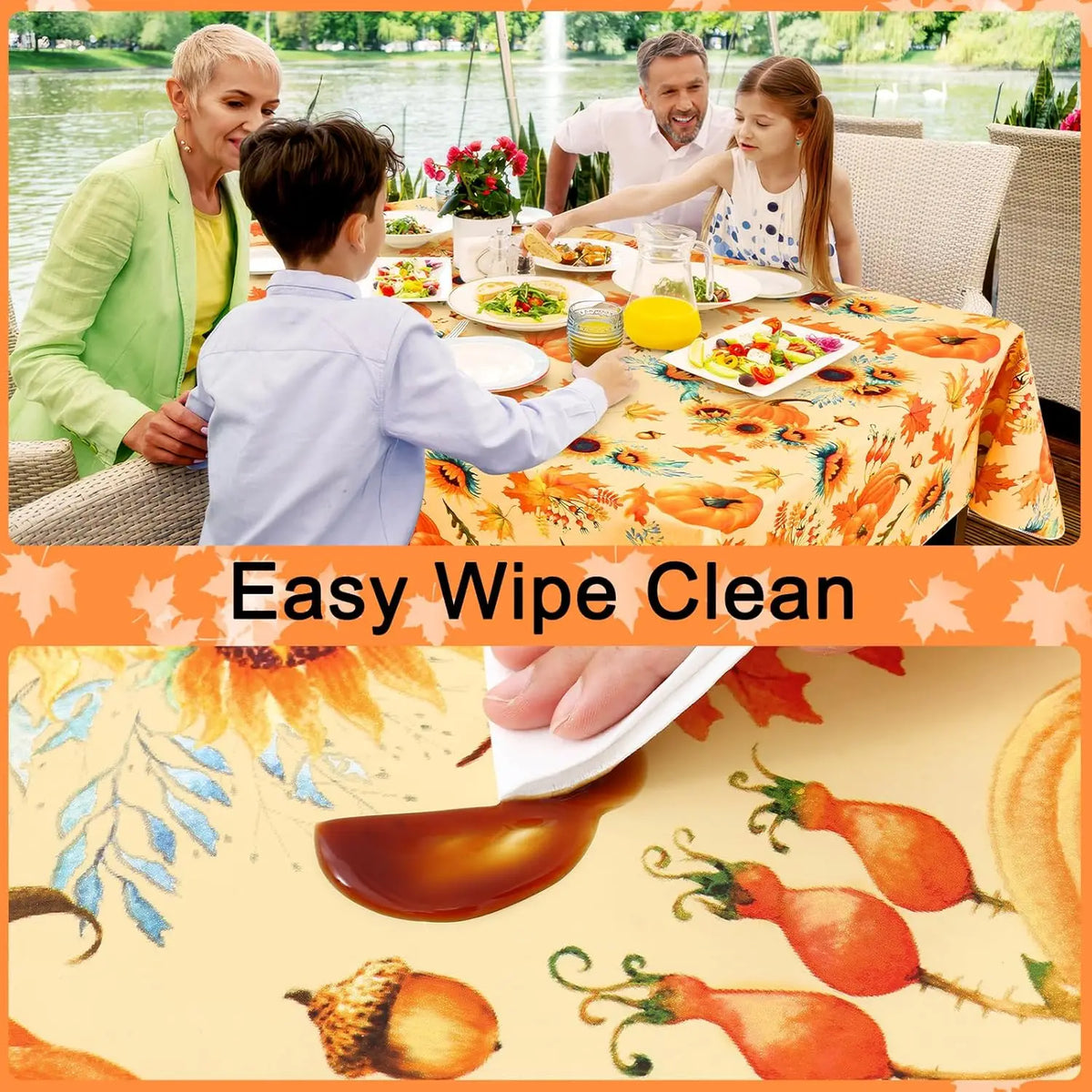 Waterproof PVC Fitted Tablecloth With Floral Pumpkin Christmas Pattern