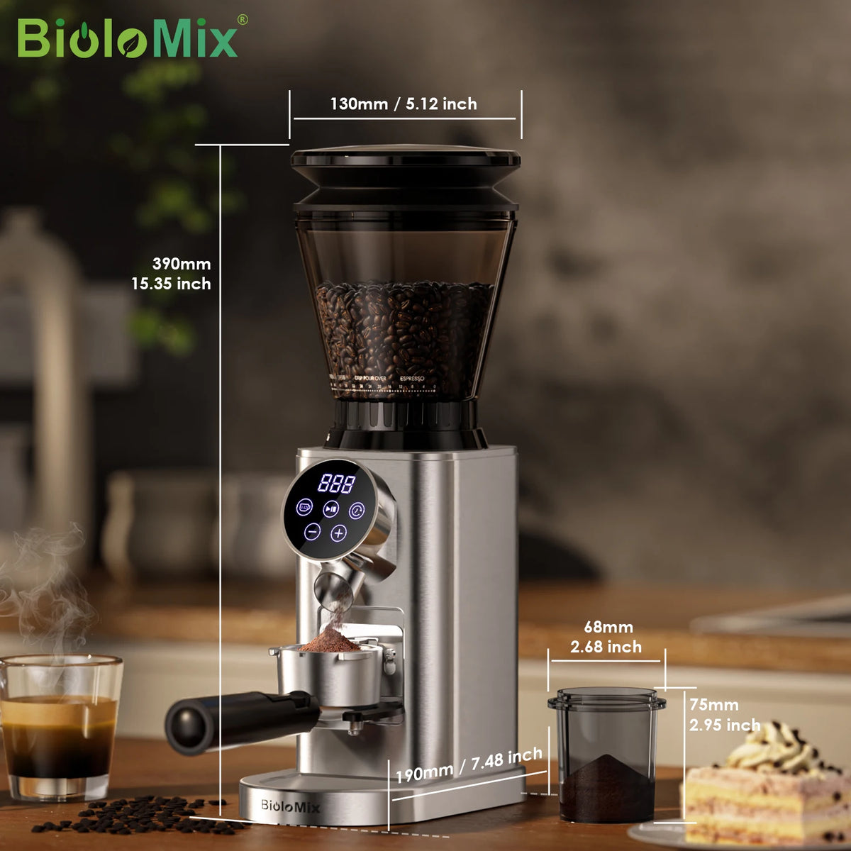 BioloMix Electric Conical Burr Coffee Grinder Adjustable Settings
