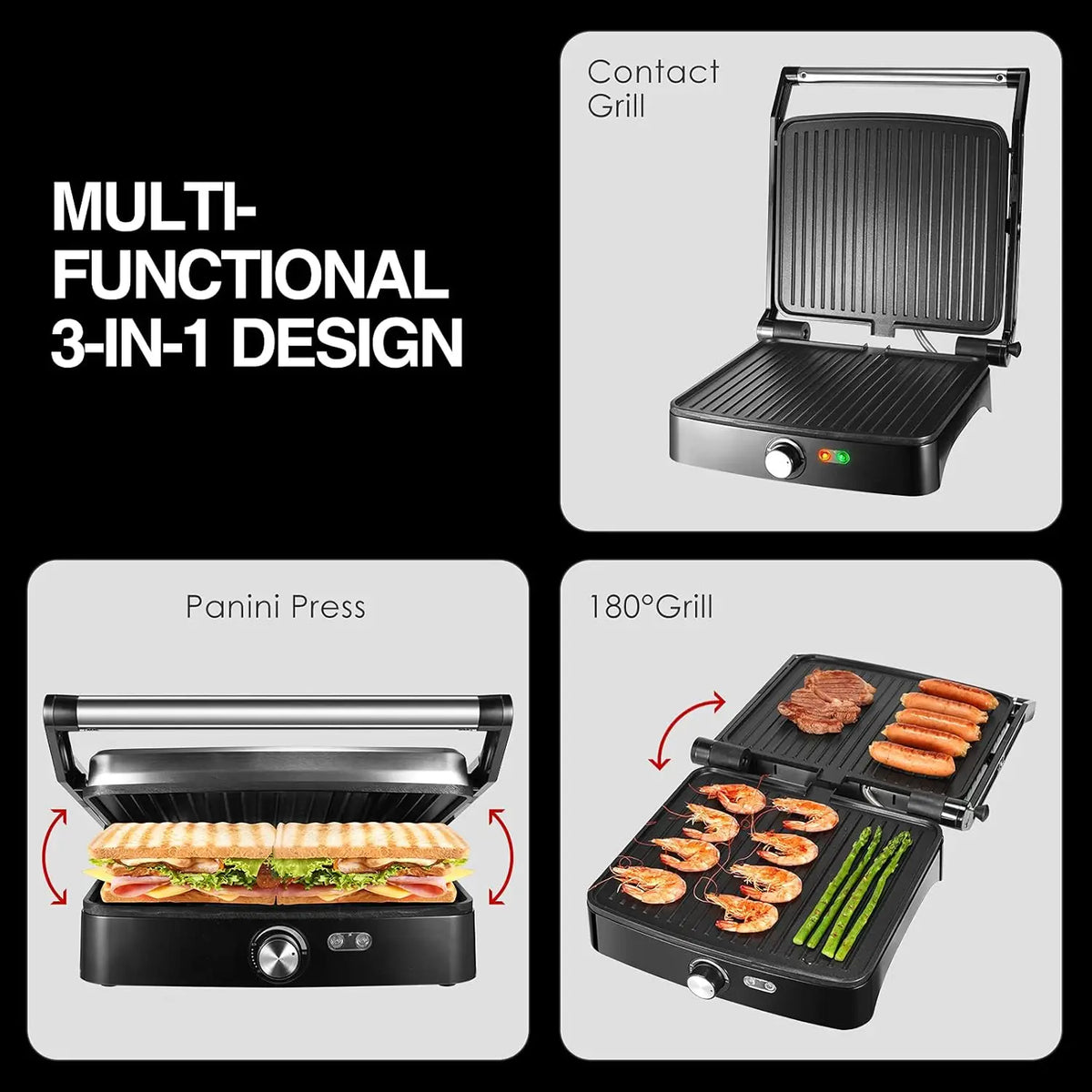 Ostba 1200W Panini Press Indoor Grill With Adjustable Temperature