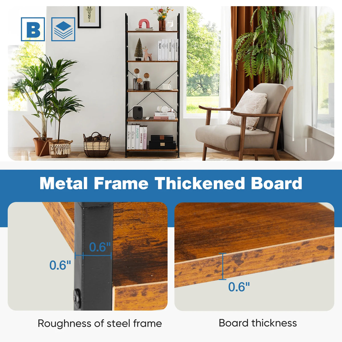 JHK Modern Five Tier Metal Bookshelf Corner Storage Organizer