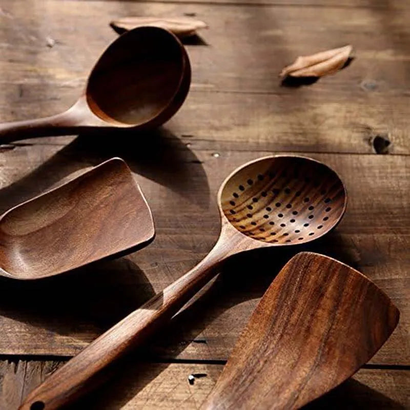 Luxury Teak Wood Kitchen Utensil Set Cooking Spoons Server Scraper
