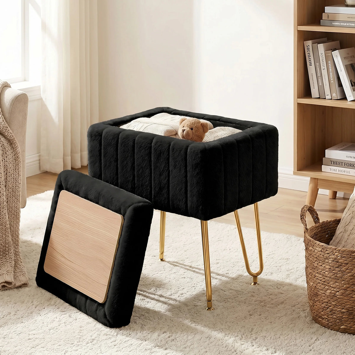 MCQ Faux Fur Ottoman Footrest Stool With Metal Legs