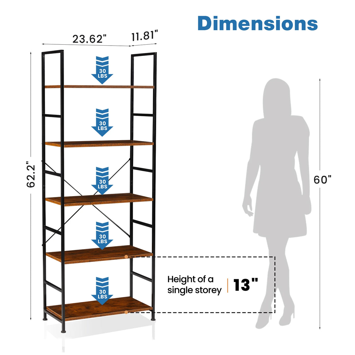 JHK Modern Five Tier Metal Bookshelf Corner Storage Organizer
