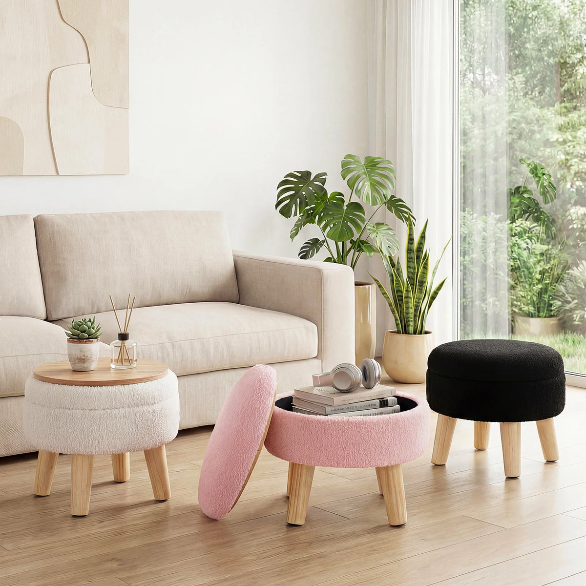 JHK Velvet Storage Ottoman With Padded Seat And Wood Legs
