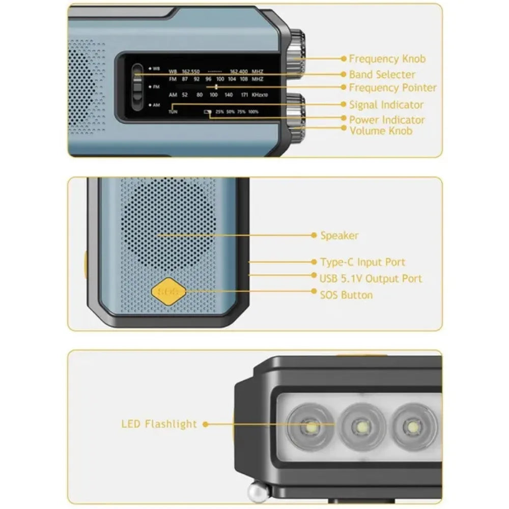 STONEGO Emergency Solar Hand Crank NOAA Weather Radio Power Bank