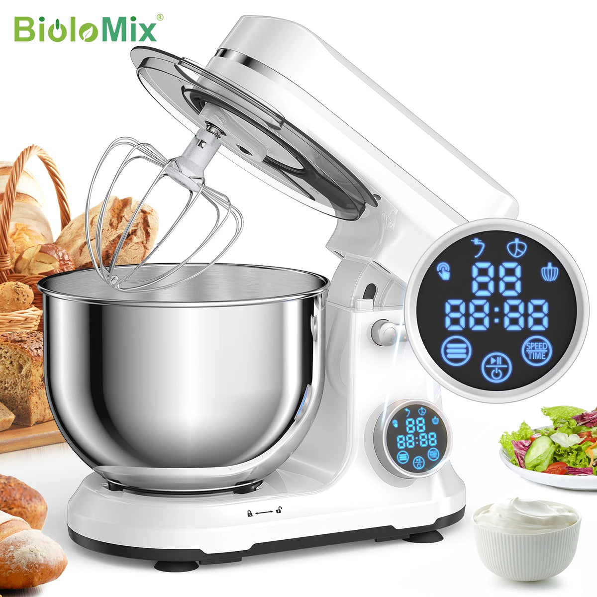 BioloMix 1200W Kitchen Stand Mixer With Digital Display Tilt Head