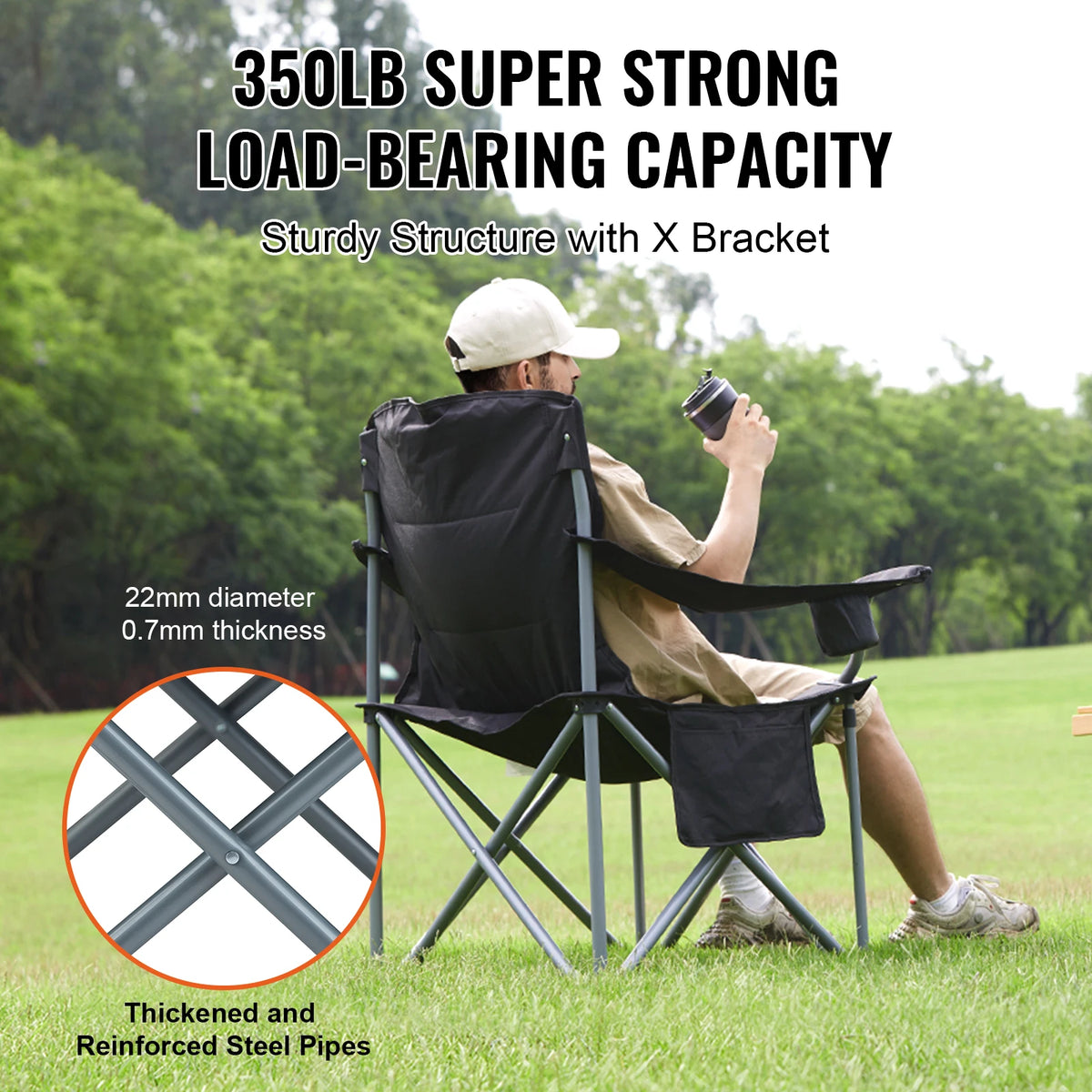 Vevor Portable Folding Chair With Padded Back And Side Pockets
