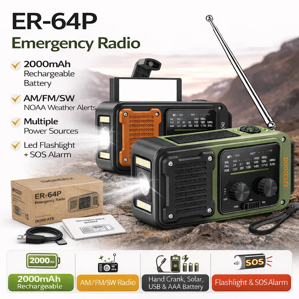 Docreate Emergency Radio With Flashlight And Portable Power Bank