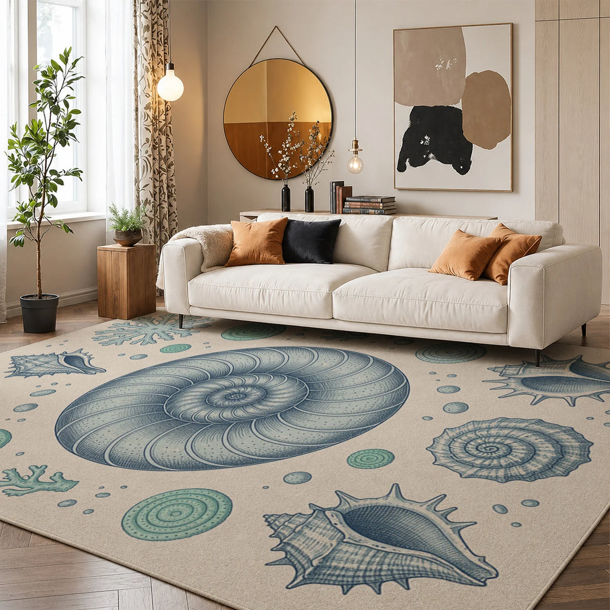 Coastal Seashell Nautilus Coral Velvet Washable Area Rug for Home