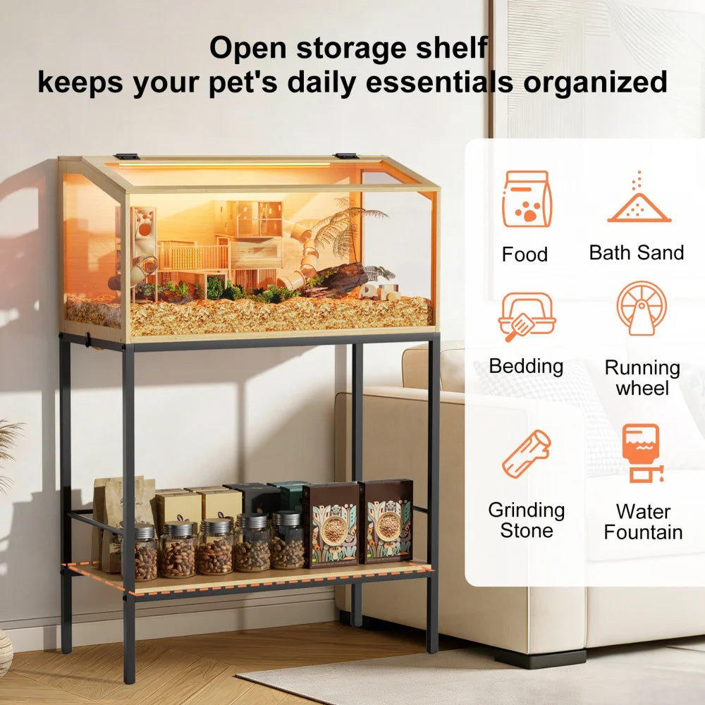 Bingopaw Elevated Wooden Hamster Cage With Storage Shelf LED Light