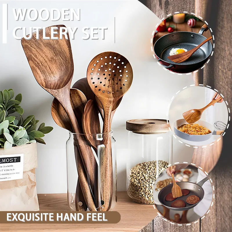 Luxury Teak Wood Kitchen Utensil Set Cooking Spoons Server Scraper