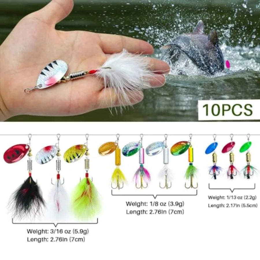 Rooster Tail Spinner Lures Kit With Tackle Box For Bass