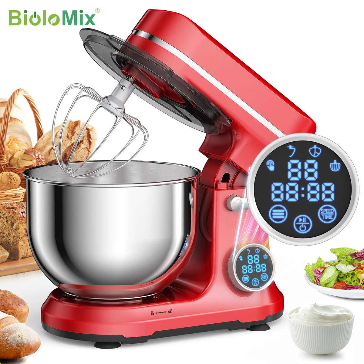 BioloMix 1200W Kitchen Stand Mixer With Digital Display Tilt Head
