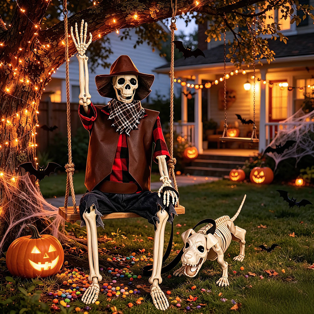 Western Cowboy Jointed Halloween Plastic Skeleton Outdoor Decoration