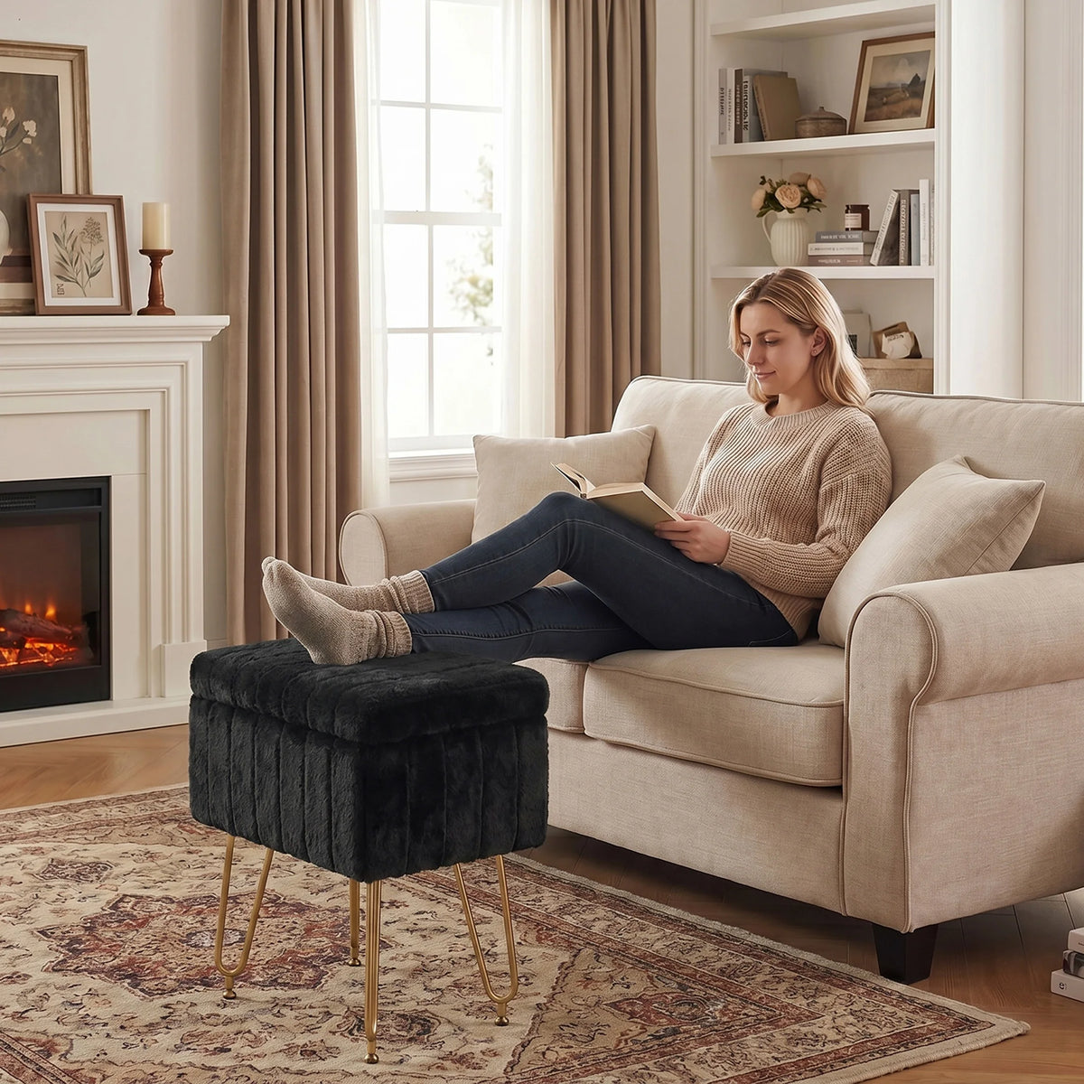 MCQ Faux Fur Ottoman Footrest Stool With Metal Legs