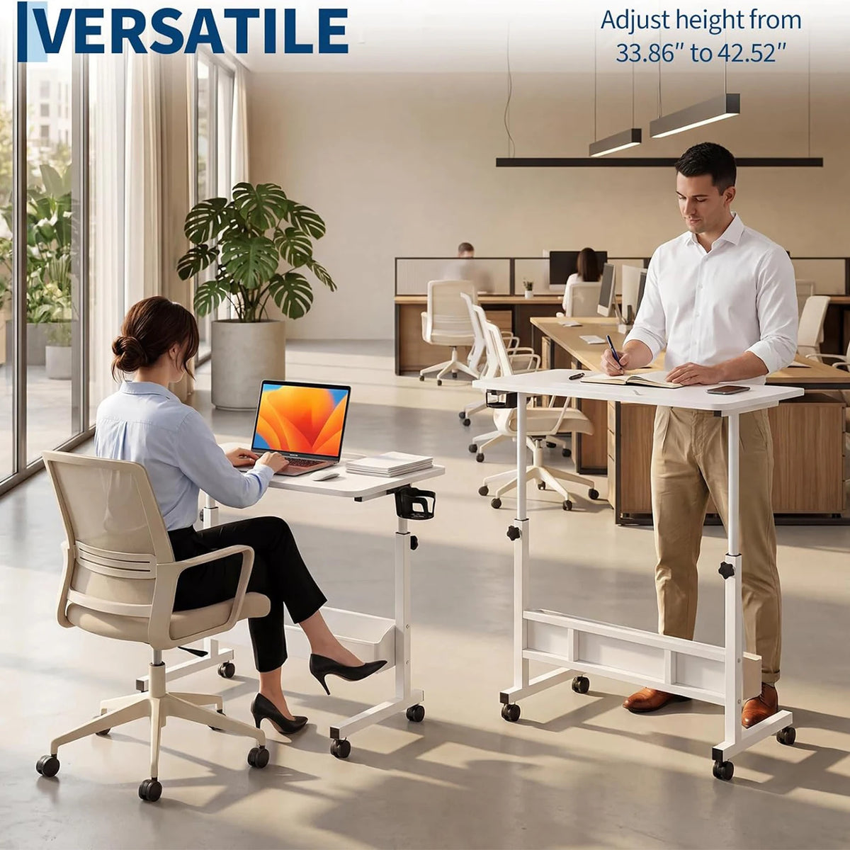 HiMISS Adjustable Standing Desk With Rolling Storage Shelves