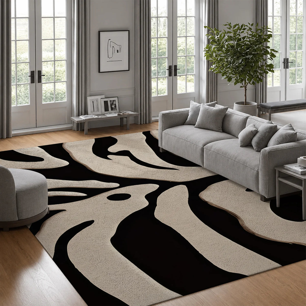 Machine Washable Abstract Leaf Area Rug With Non Slip Backing