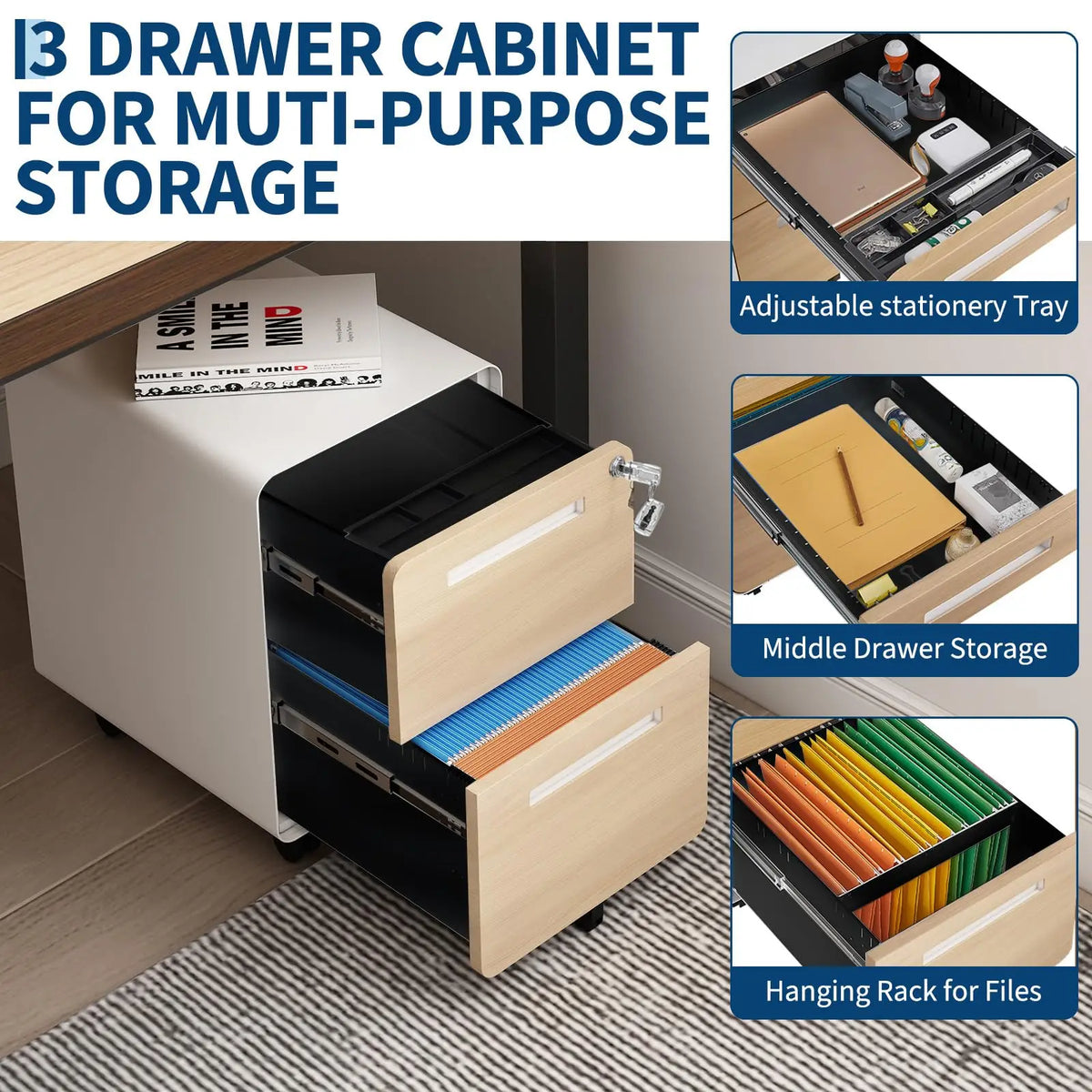 Himiss Two Drawer Rolling Metal Filing Cabinet With Lock