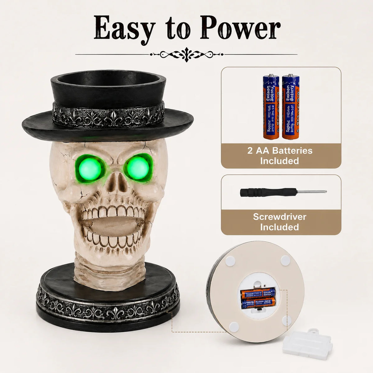 Halloween Gothic Skull Candle Holder LED Glowing Eyes Tabletop Decor