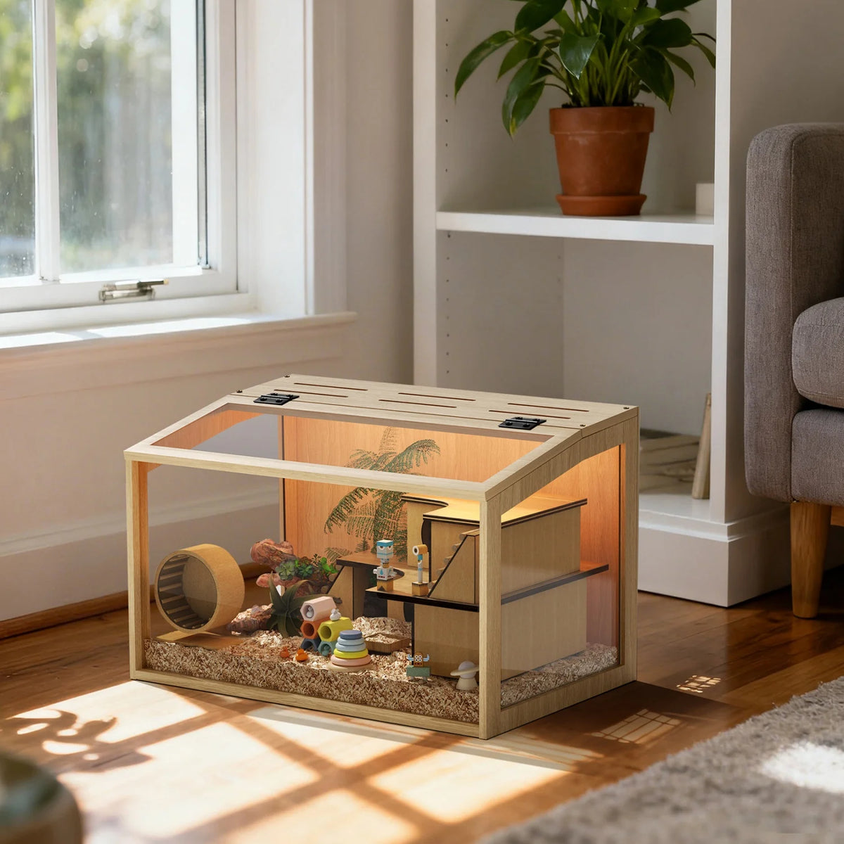 Wooden Hamster Cage Cabinet With Built In LED Light