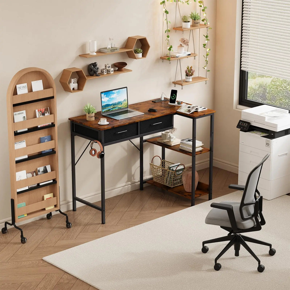 HiMISS L Shaped Gaming Desk With Power Outlet And Drawers