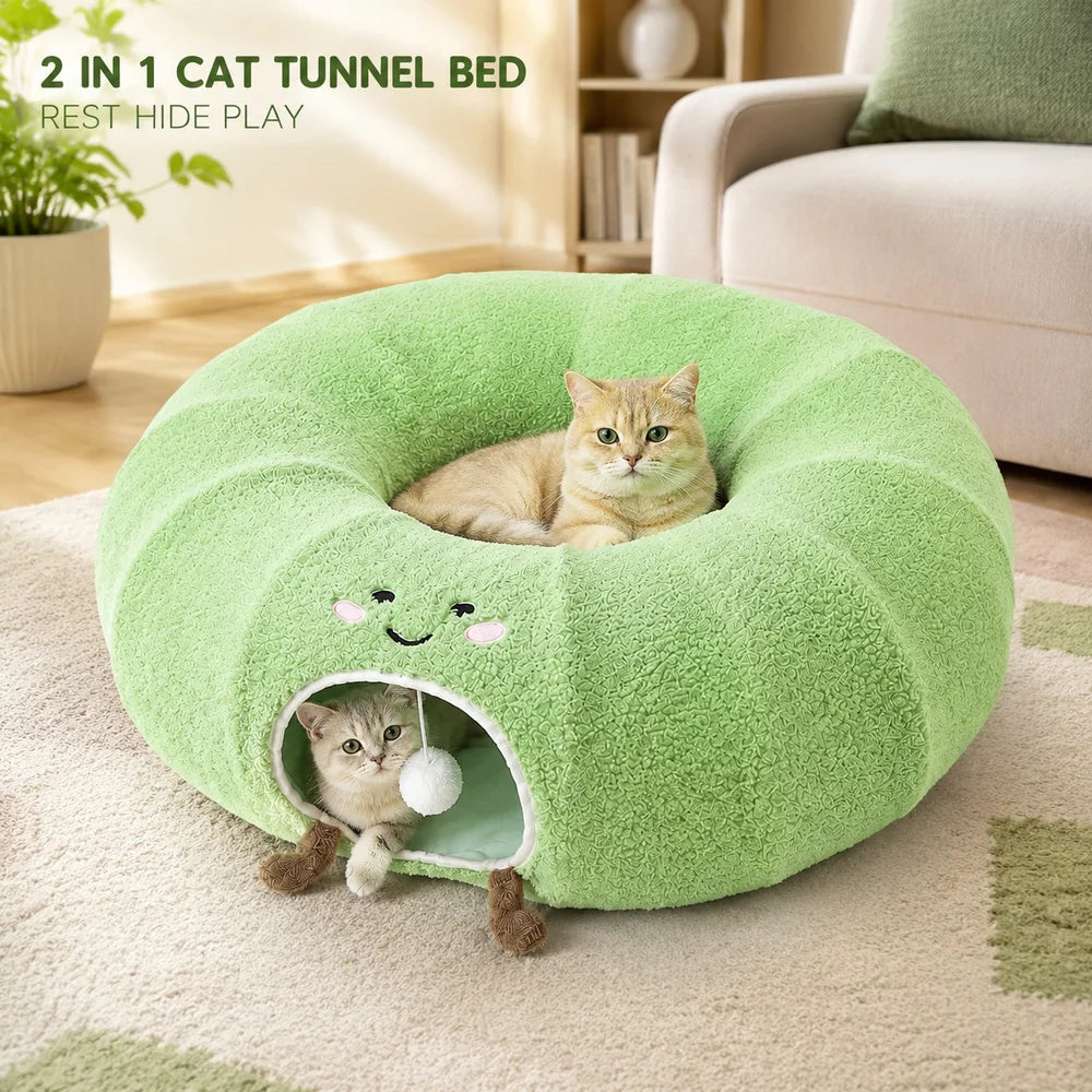 Convertible Cat Tunnel Bed With Plush Cushion And Hanging Ball