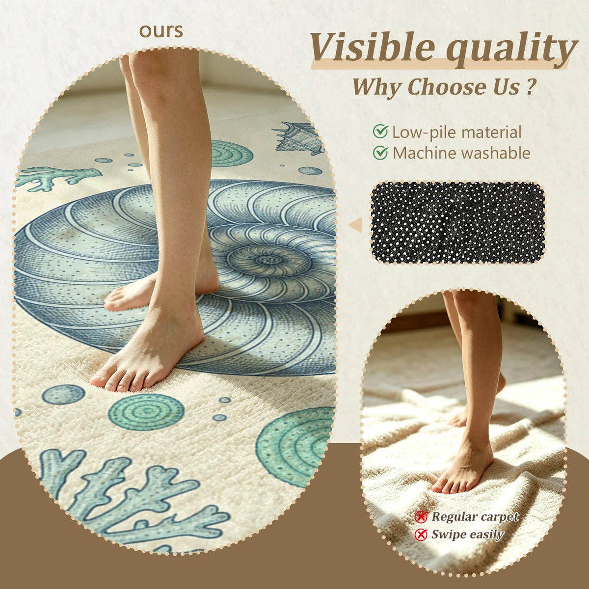 Coastal Seashell Nautilus Coral Velvet Washable Area Rug for Home