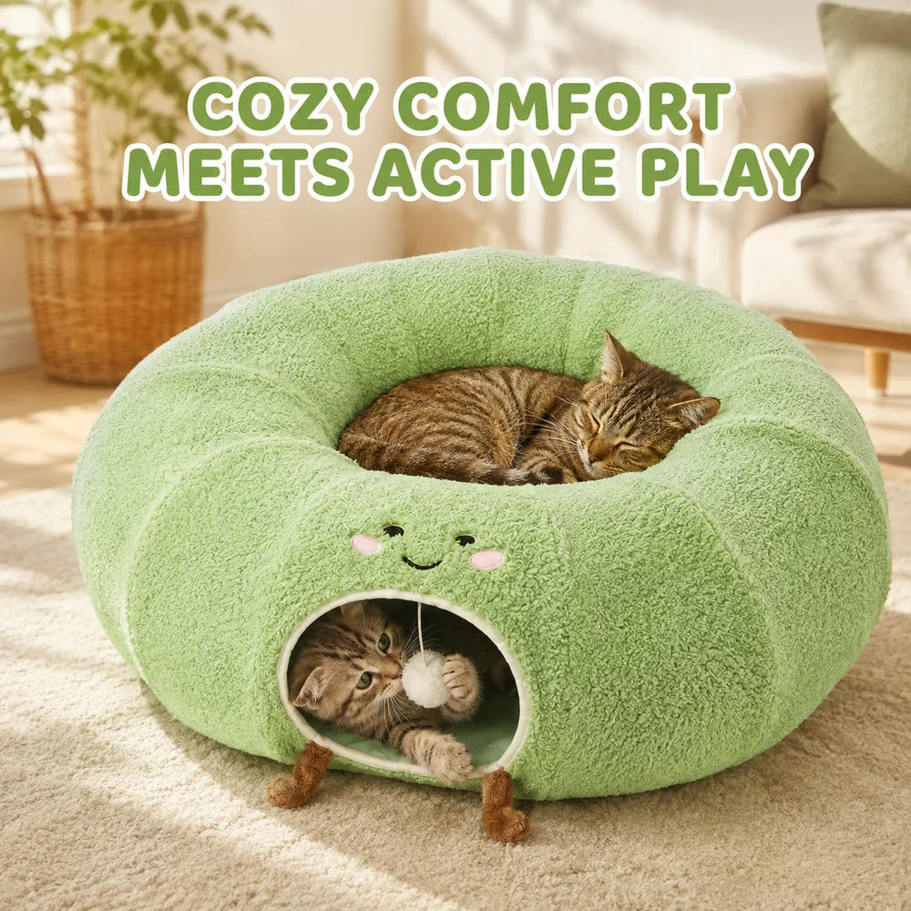 Convertible Cat Tunnel Bed With Plush Cushion And Hanging Ball