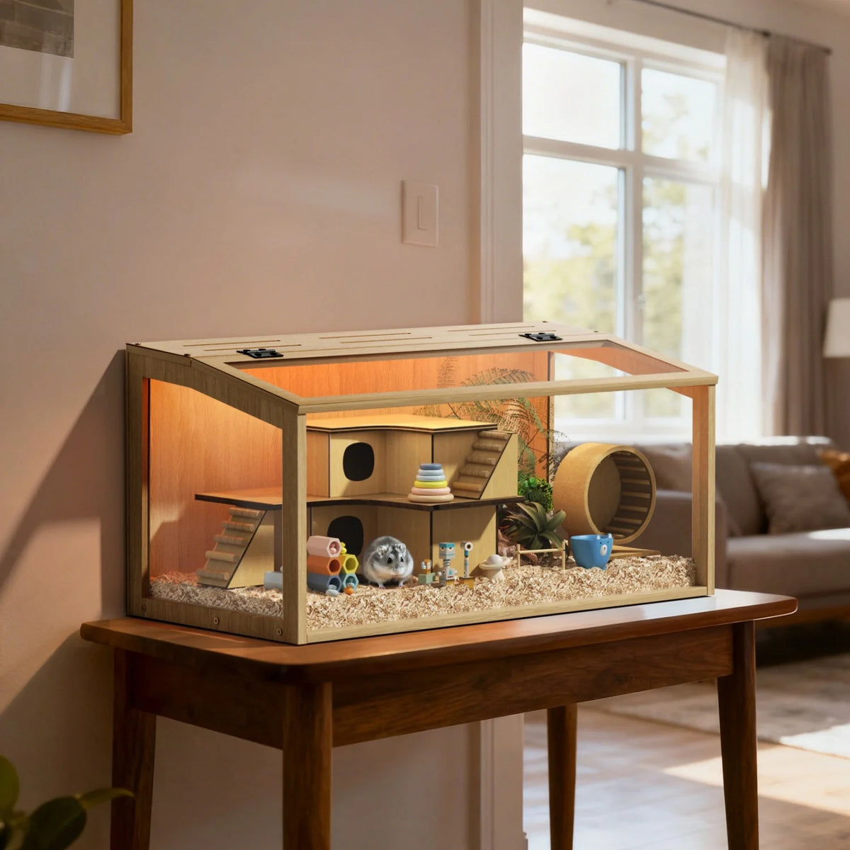 Wooden Hamster Cage Cabinet With Built In LED Light