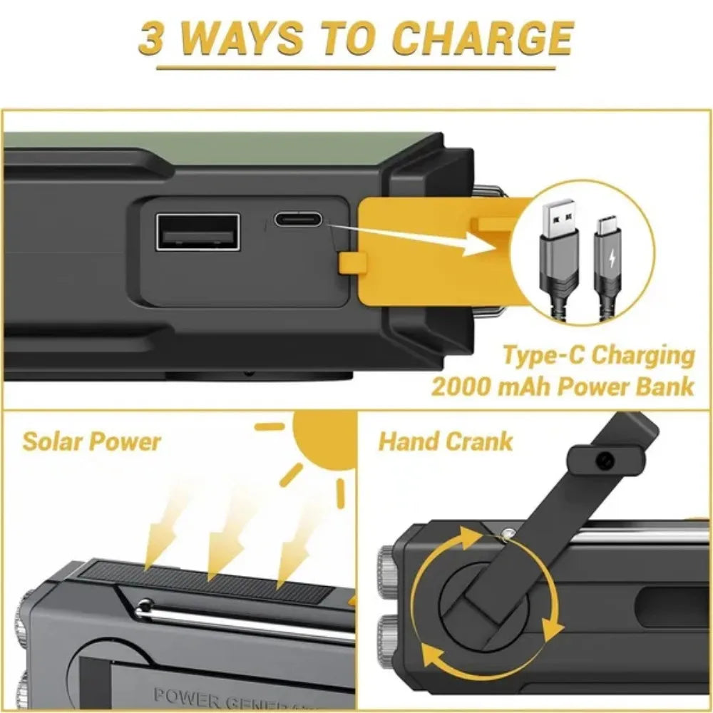 STONEGO Emergency Solar Hand Crank NOAA Weather Radio Power Bank