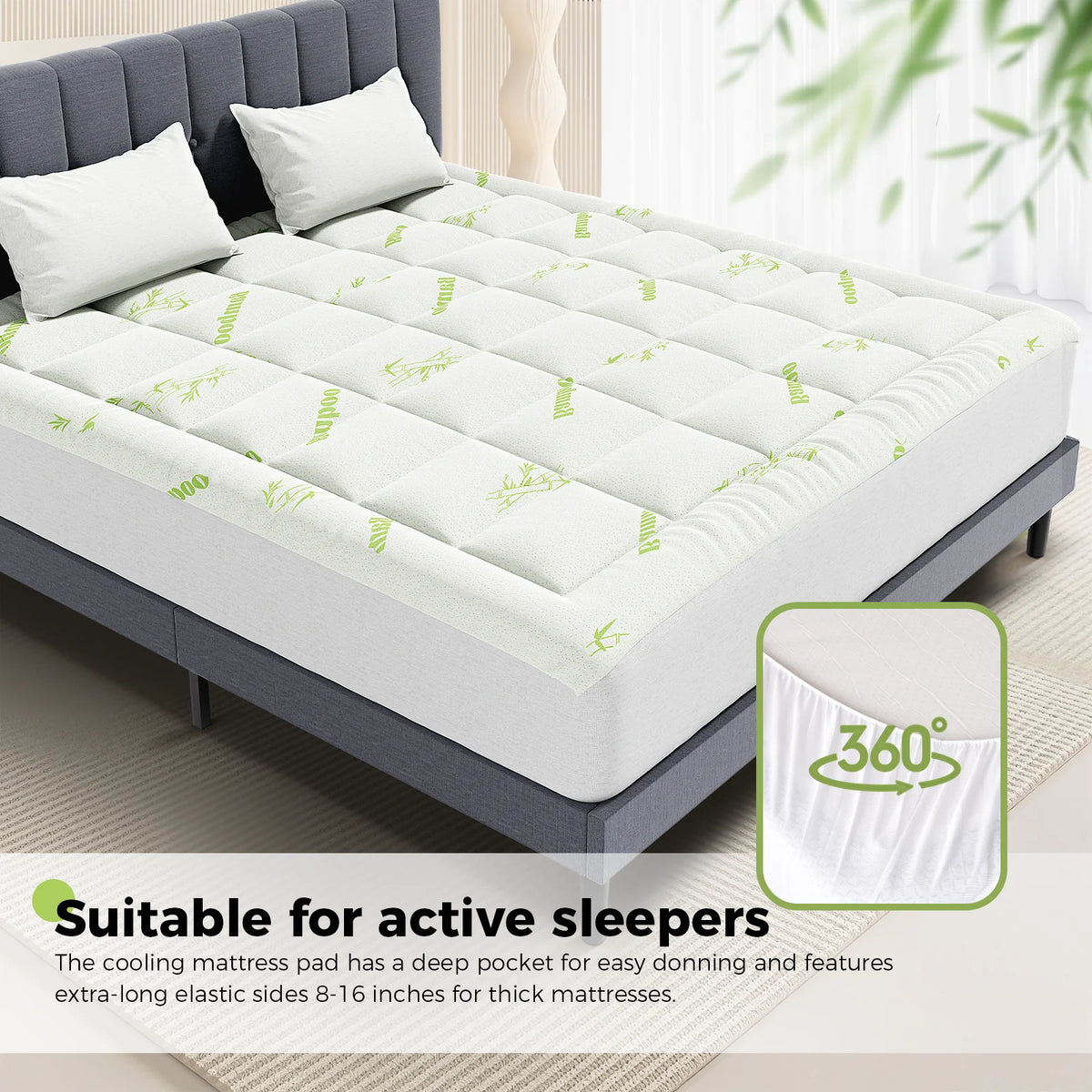 JHK Bamboo Fiber Mattress Topper With Cooling Breathable Comfort