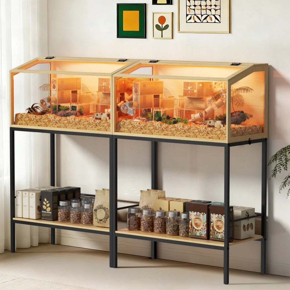 Bingopaw Elevated Wooden Hamster Cage With Storage Shelf LED Light