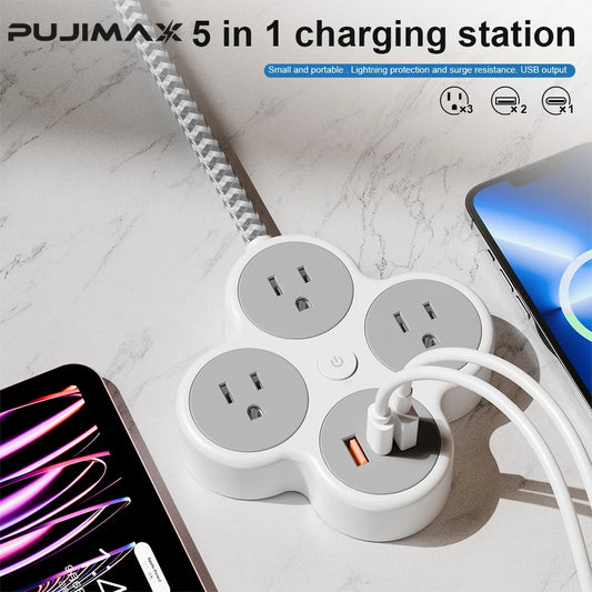 Pujimax Power Strip With Three AC Outlets And USB Ports