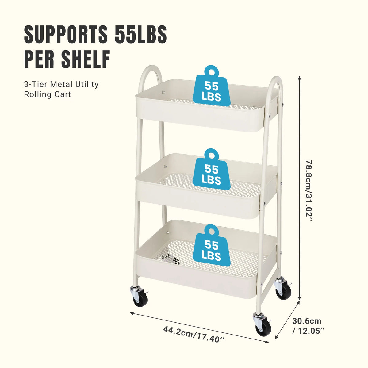 Jhk Metal Rolling Storage Cart With Lockable Swivel Wheels